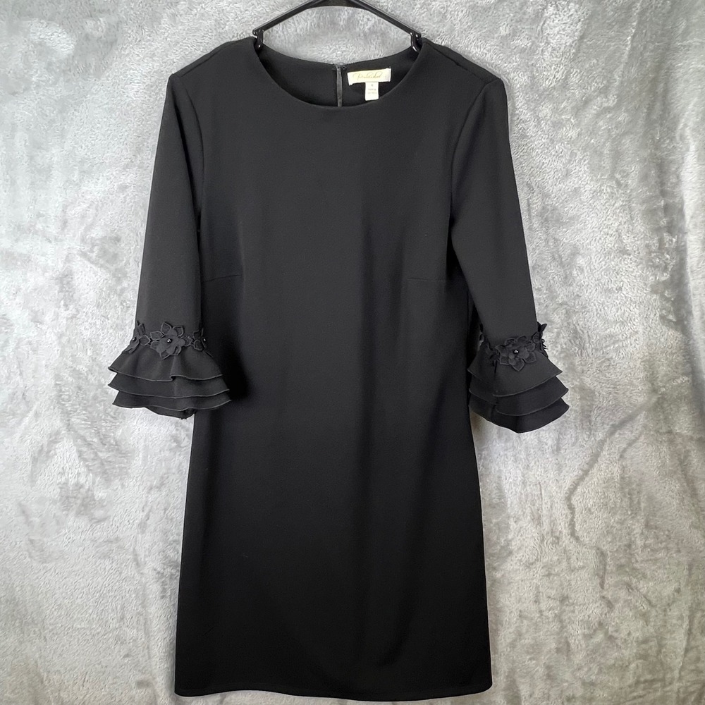 Prelude Womens Black Shift Dress S 3/4 Ruffle Sleeve Floral Applique Cocktail